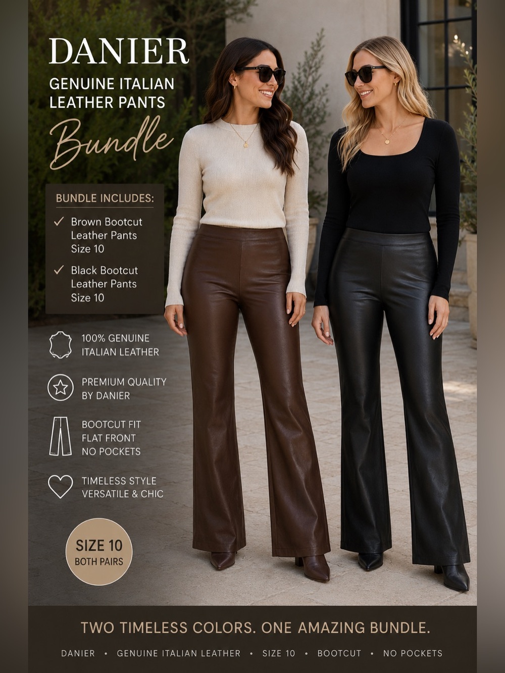 Danier Italian Leather Pants Bundle Size 10 Brown NWT + Black EUC Bootcut